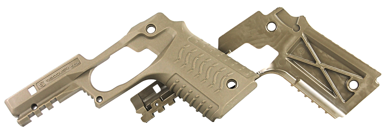 Tan polymer handgun chassis with grip and rail