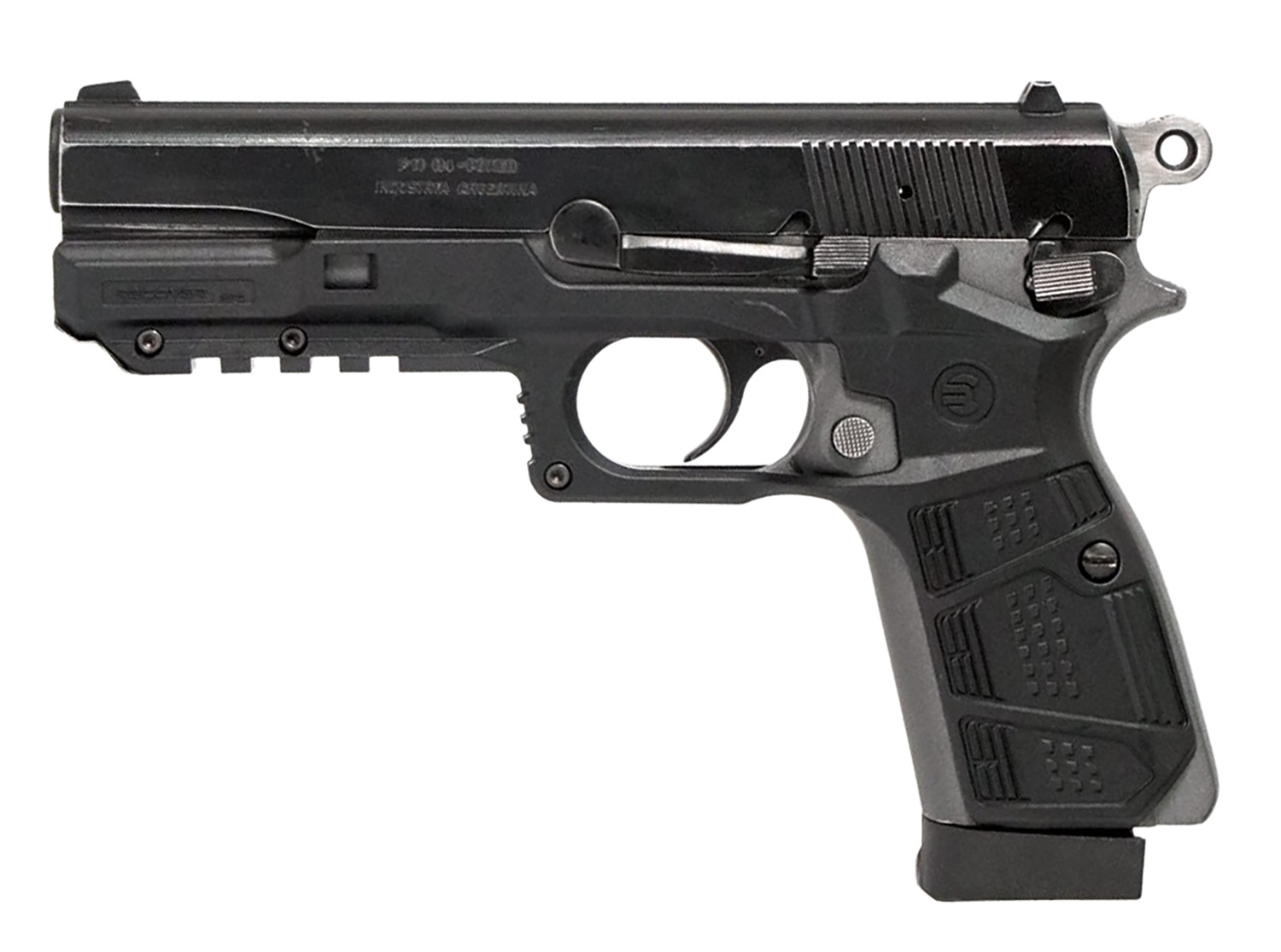 Black semi-automatic handgun on white background