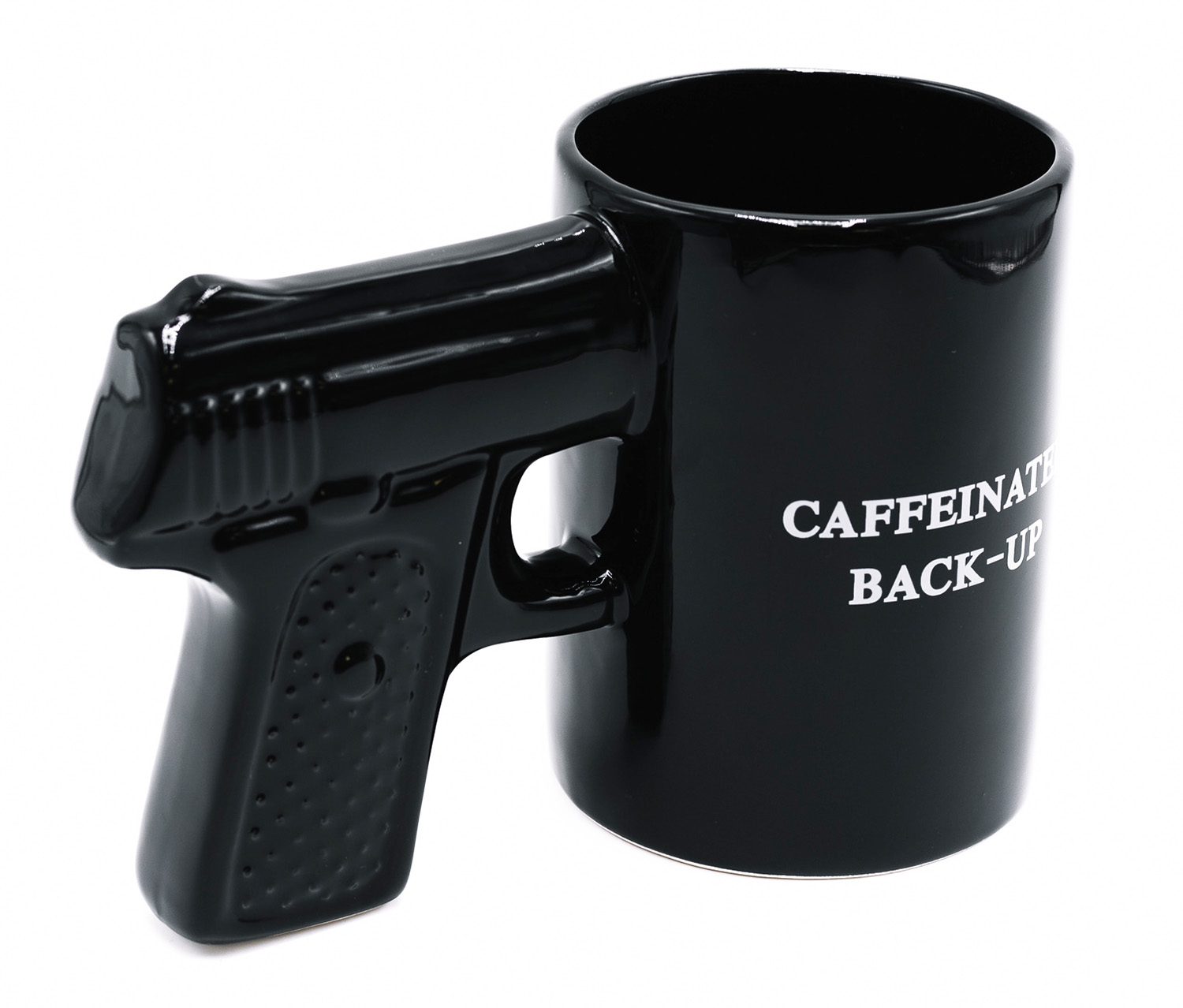 Black gun-handle coffee mug with slogan