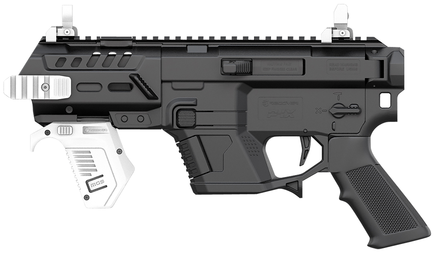 Futuristic black and white tactical firearm