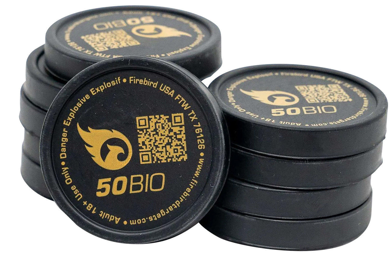 Black 50BIO explosive containers with Firebird logo