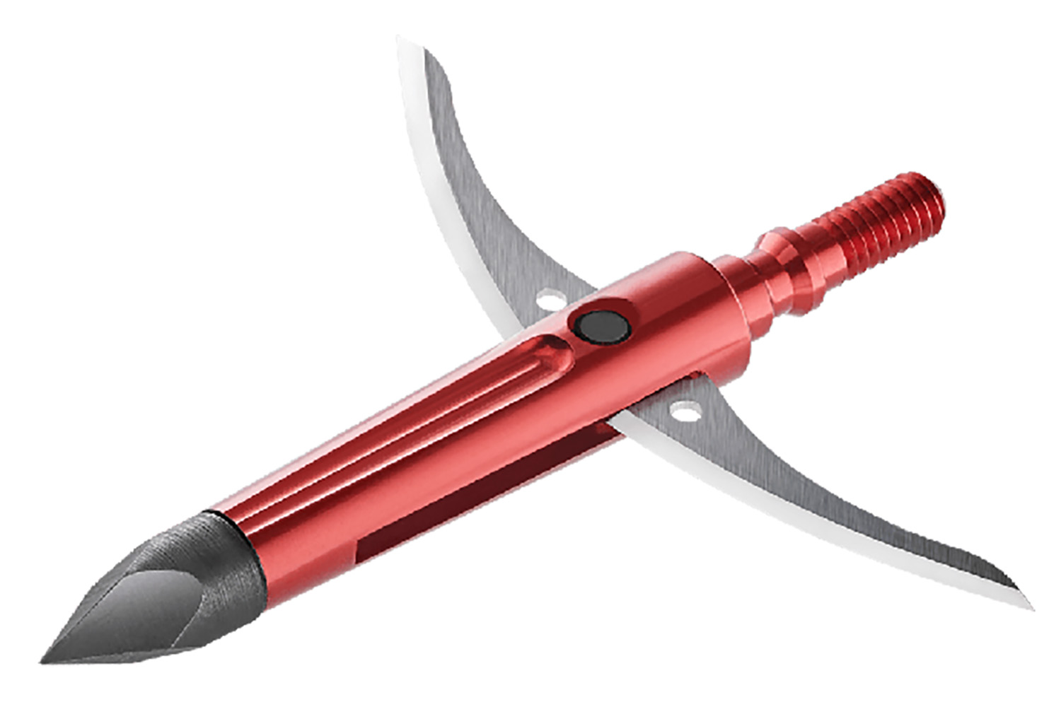 Red mechanical broadhead arrowhead with curved blades