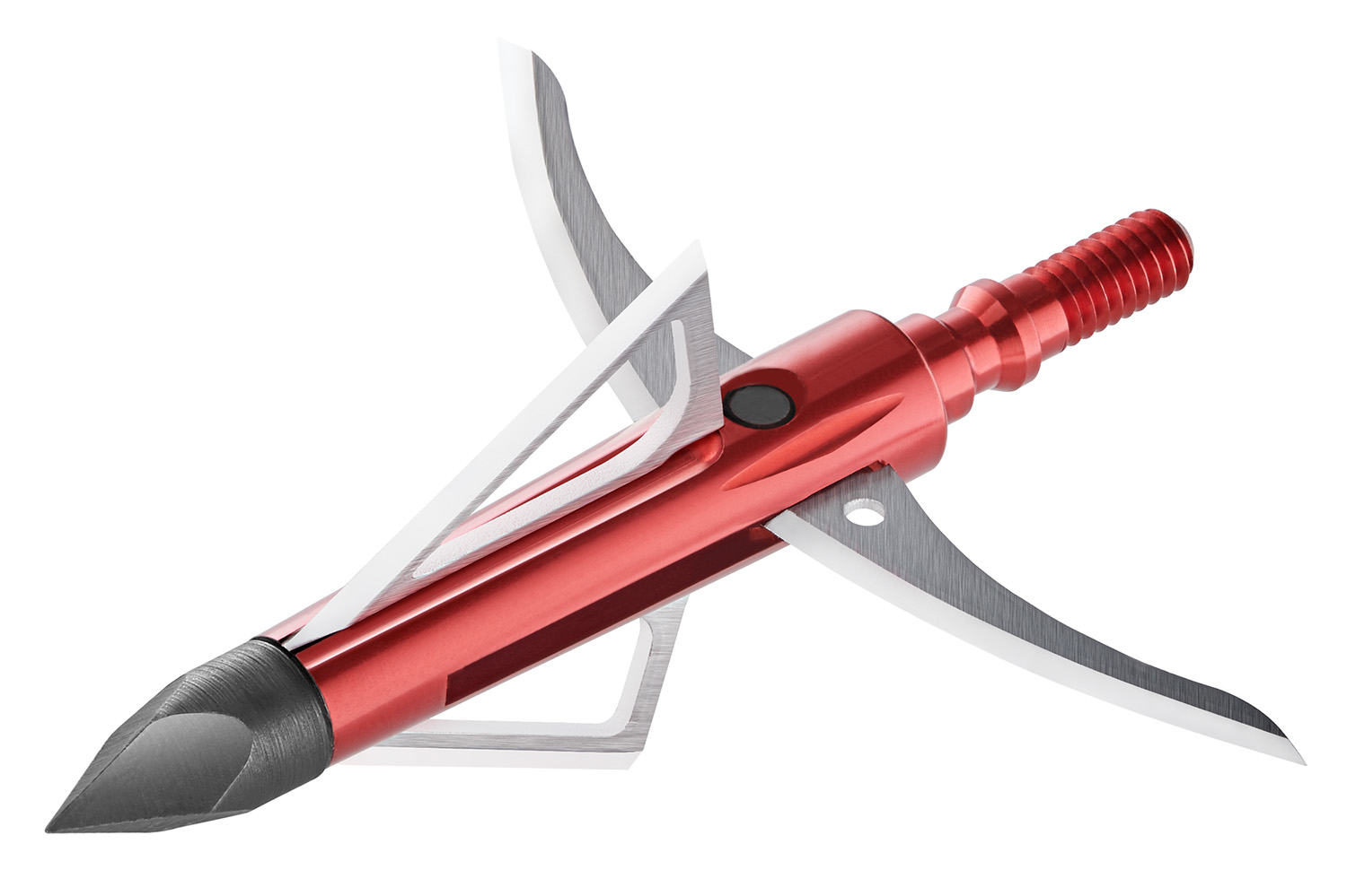 Red expandable broadhead arrow tip with blades