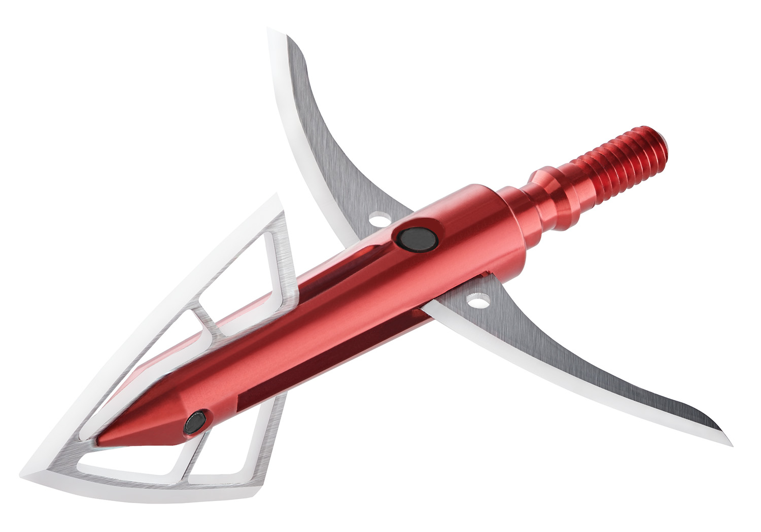 Red mechanical broadhead arrowhead with extended blades