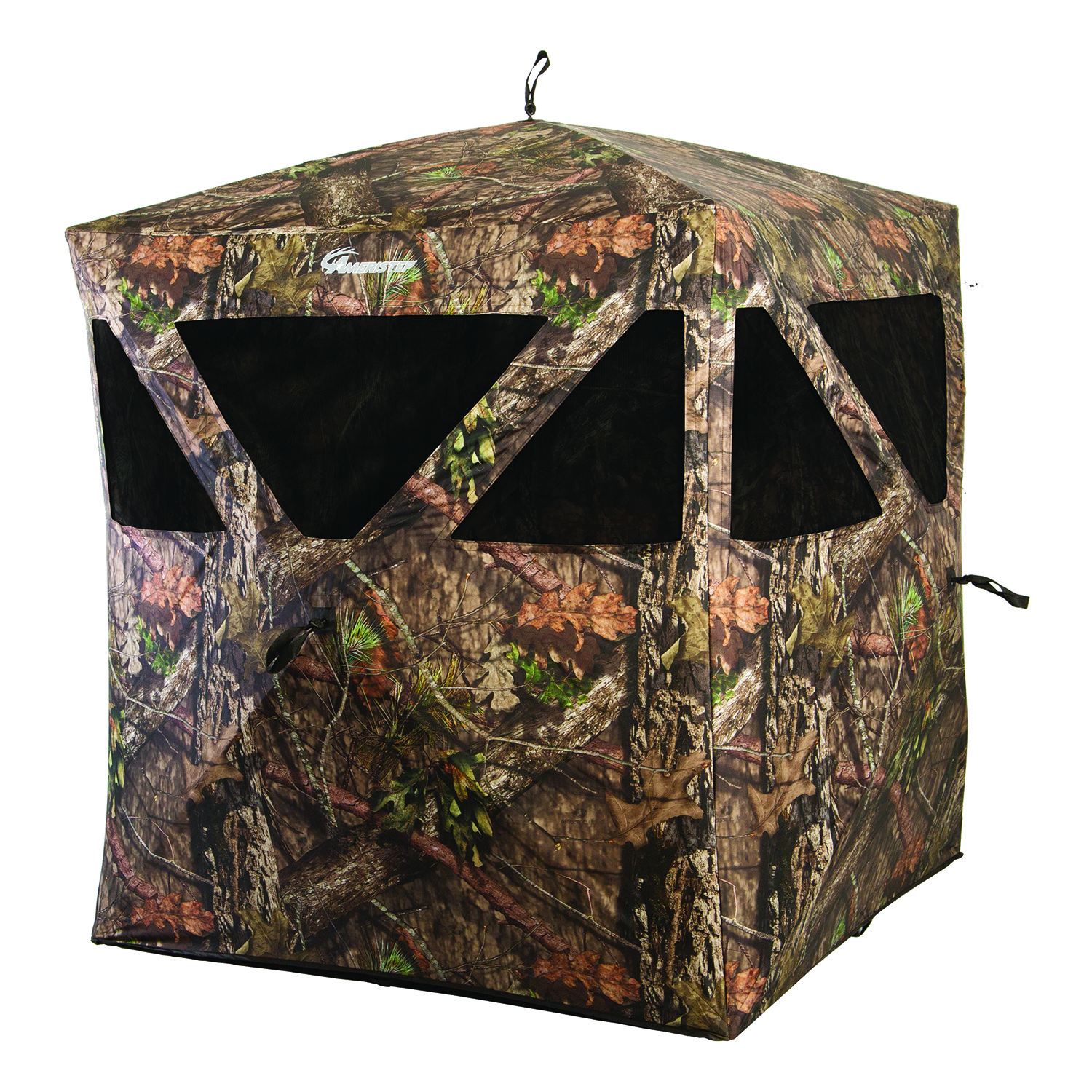 Camouflage pop-up hunting blind with mesh windows