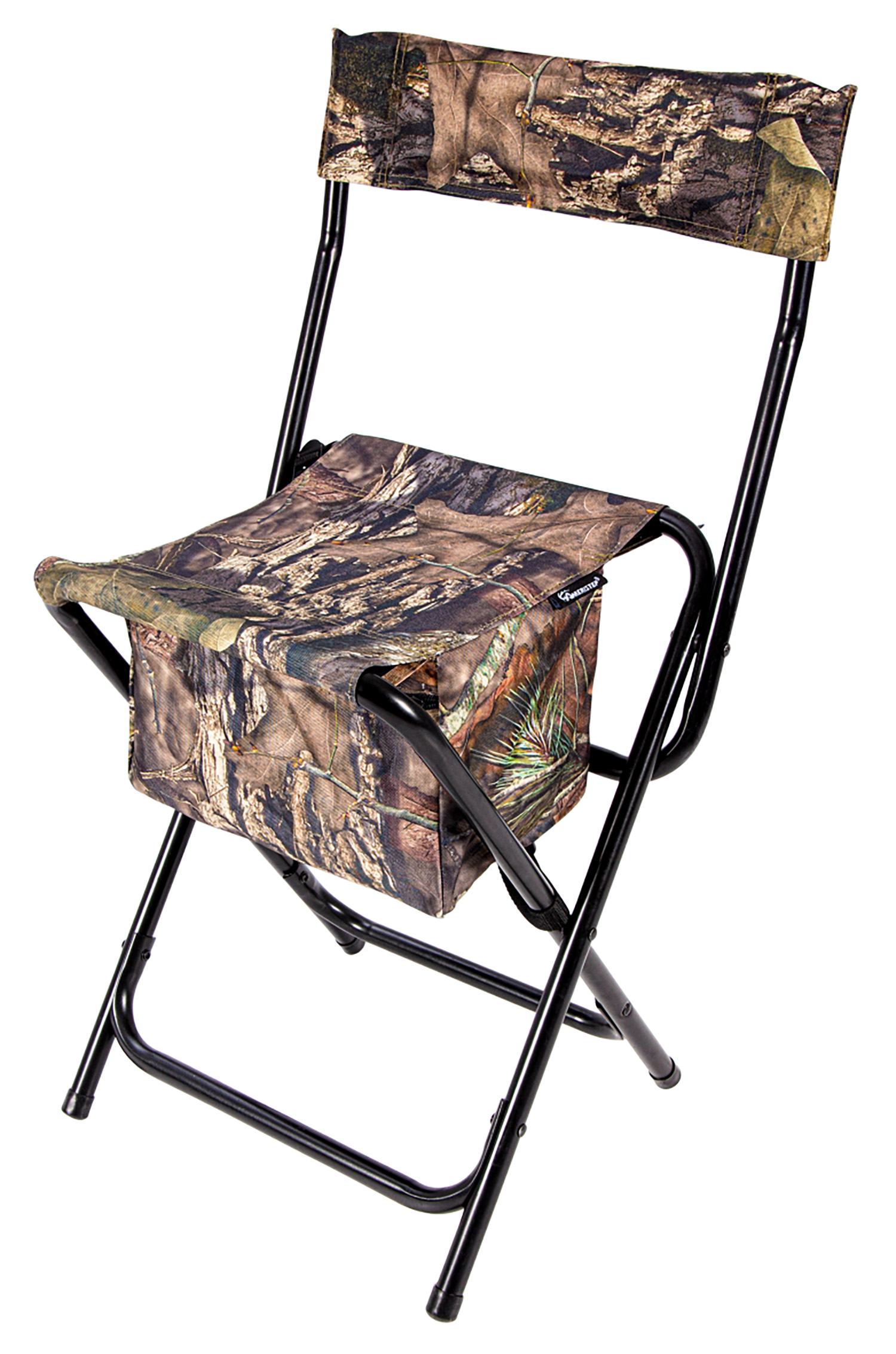 Camouflage folding chair with attached storage bag