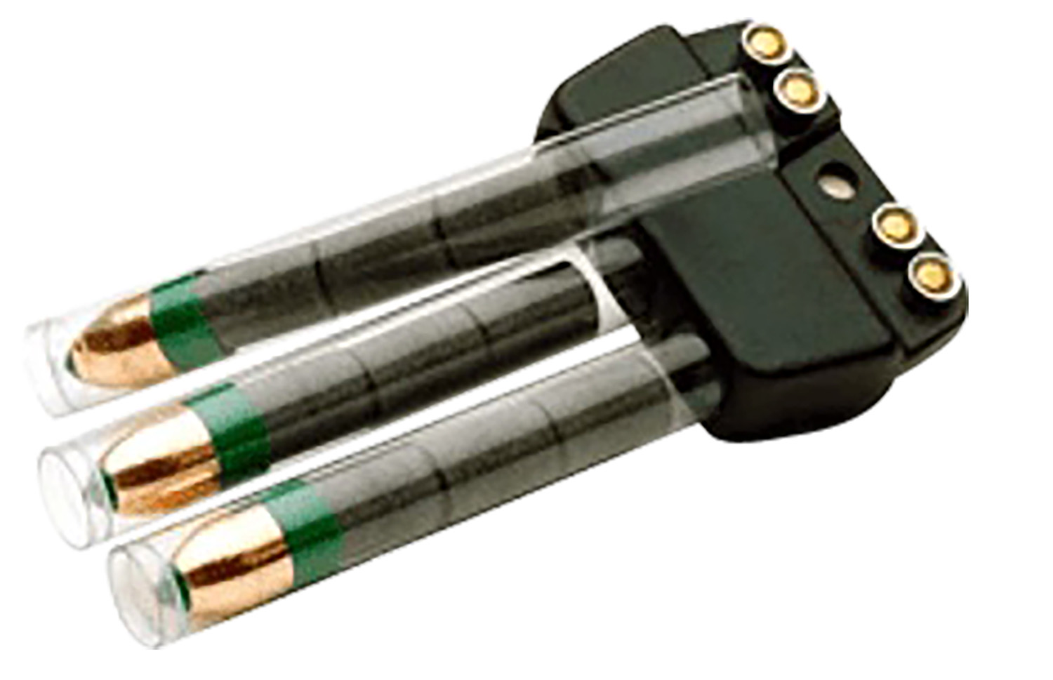 Three cartridges in transparent tubes attached to device