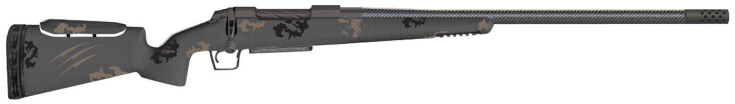 Camouflage bolt-action hunting rifle with long barrel