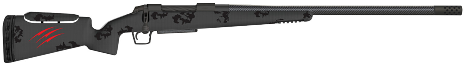 Black camo bolt-action rifle with red claw marks