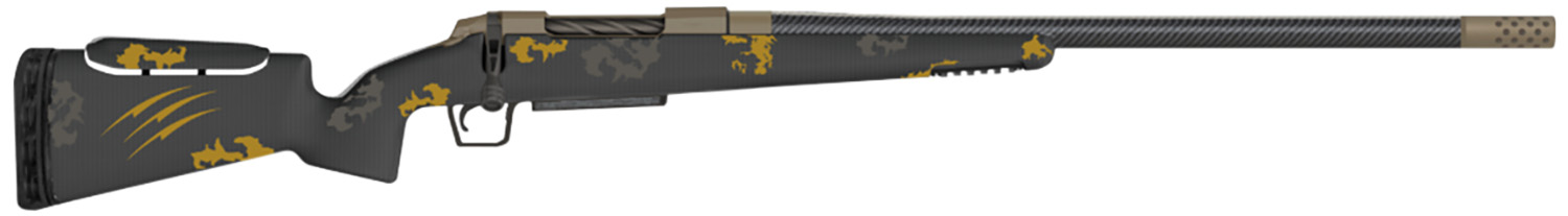 Camouflage-patterned sniper rifle with suppressor attachment