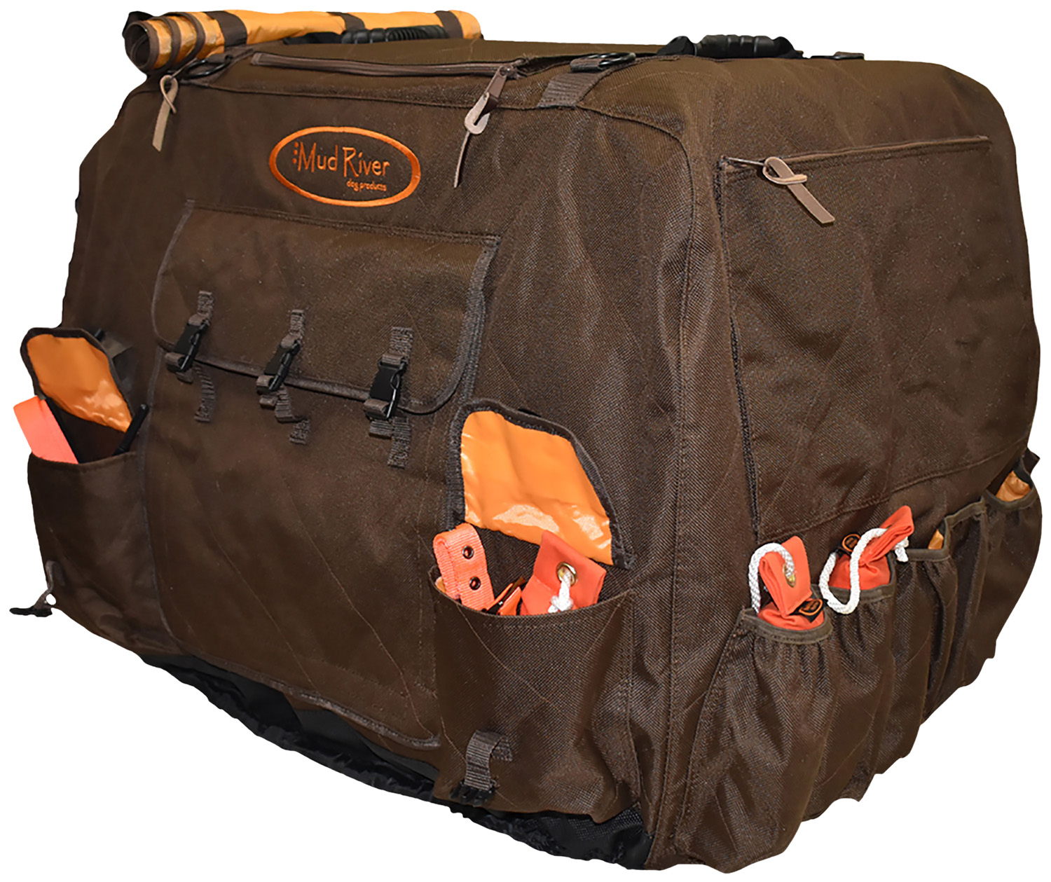 Brown Mud River dog crate cover with pockets