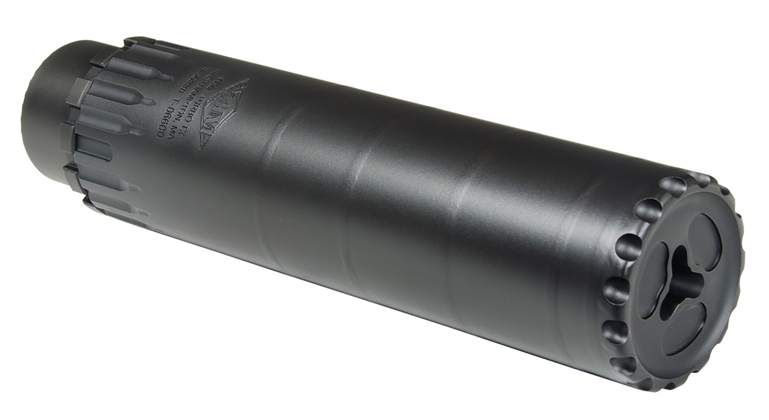 Black firearm suppressor isolated on white background