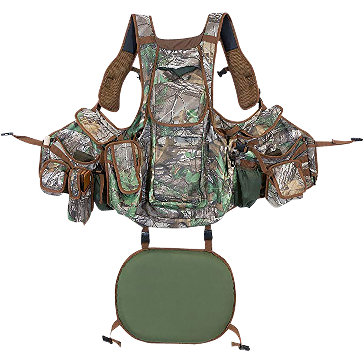 Camouflage hunting vest with multiple pockets and seat