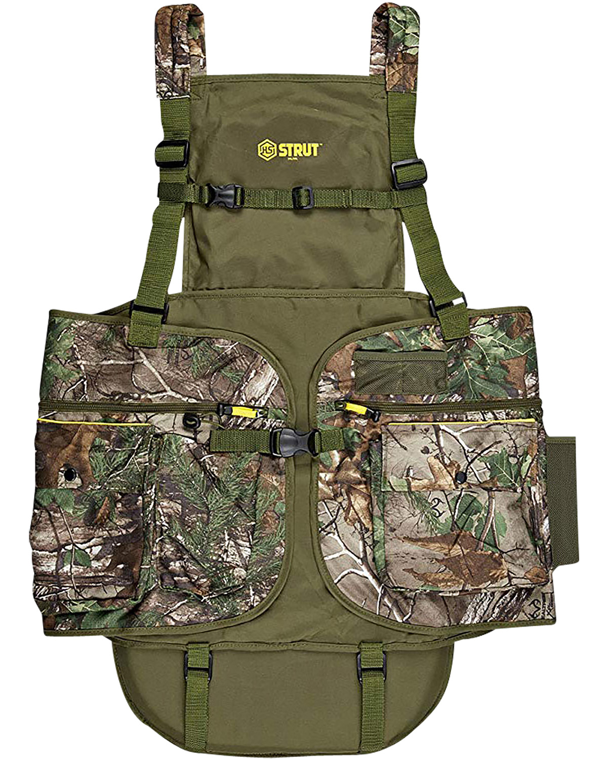 Camouflage hunting vest with multiple pockets and straps
