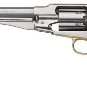 Silver revolver with wooden grip on white background