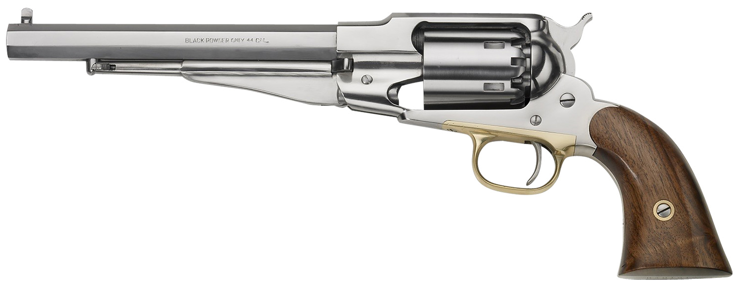 Silver revolver with wooden grip on white background