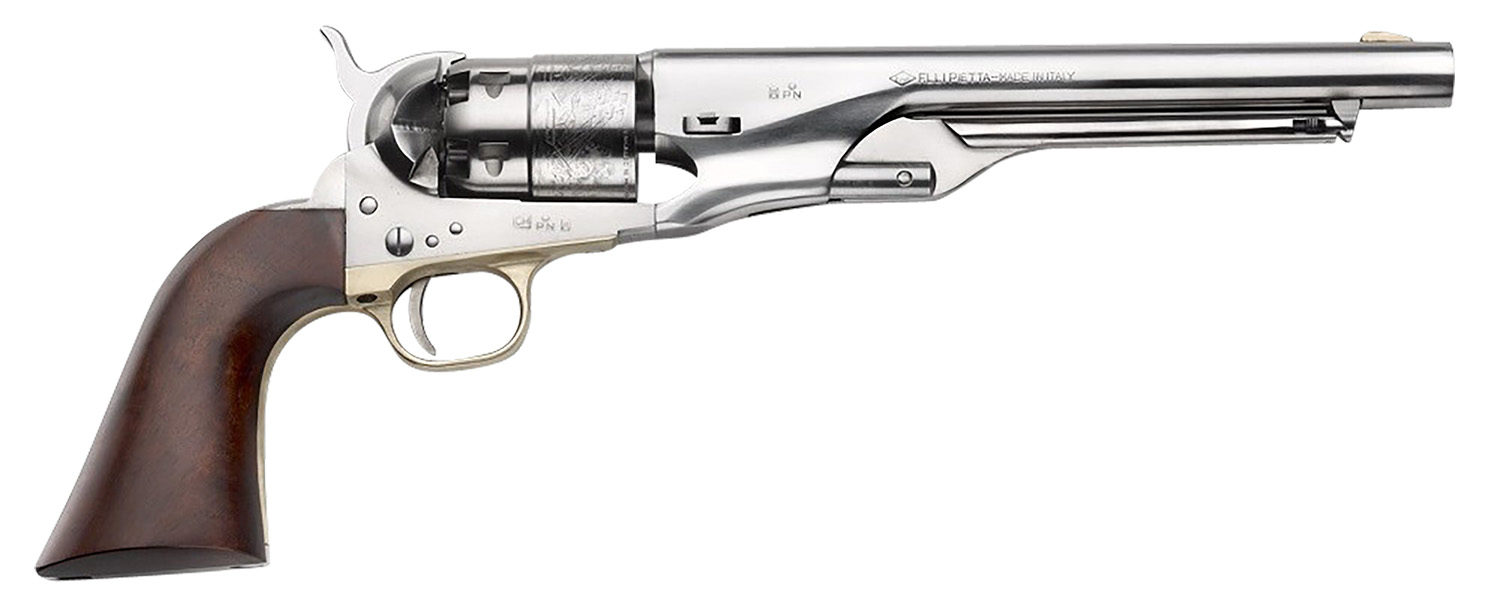 Silver revolver with wooden grip on white background