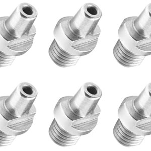 Six threaded metal grease fittings on white background