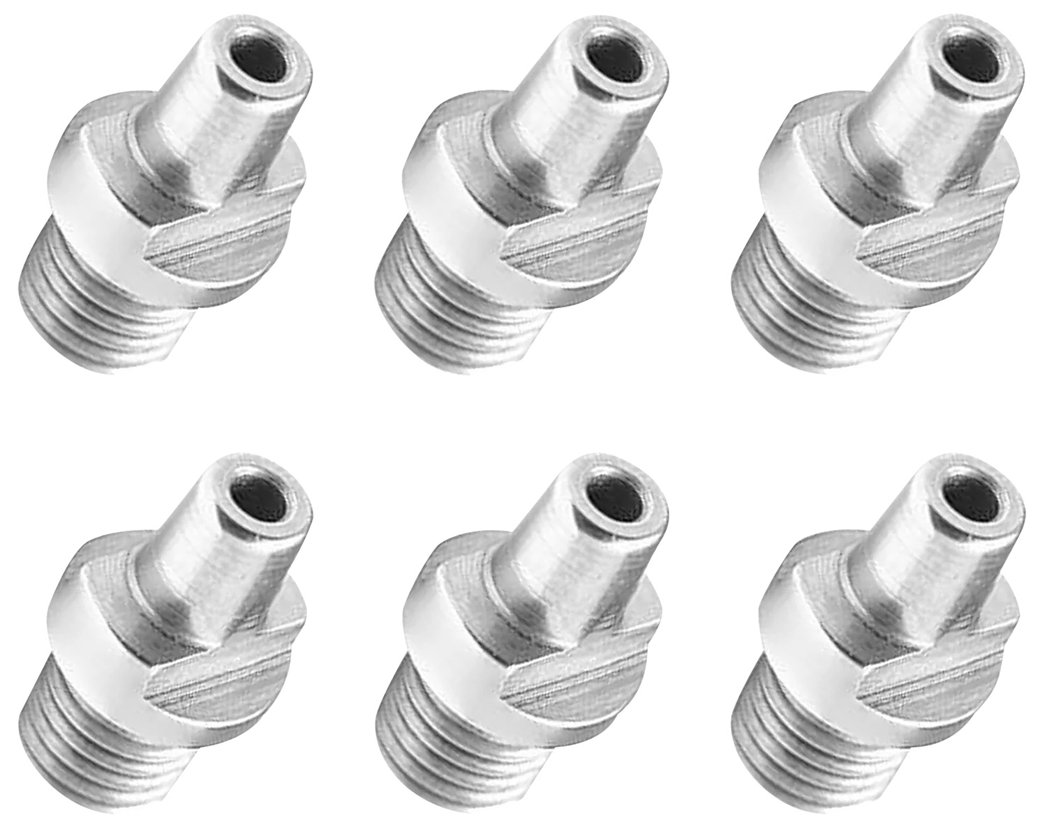 Six threaded metal grease fittings on white background