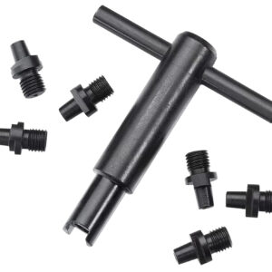 Black T-handle tool with threaded metal adapters