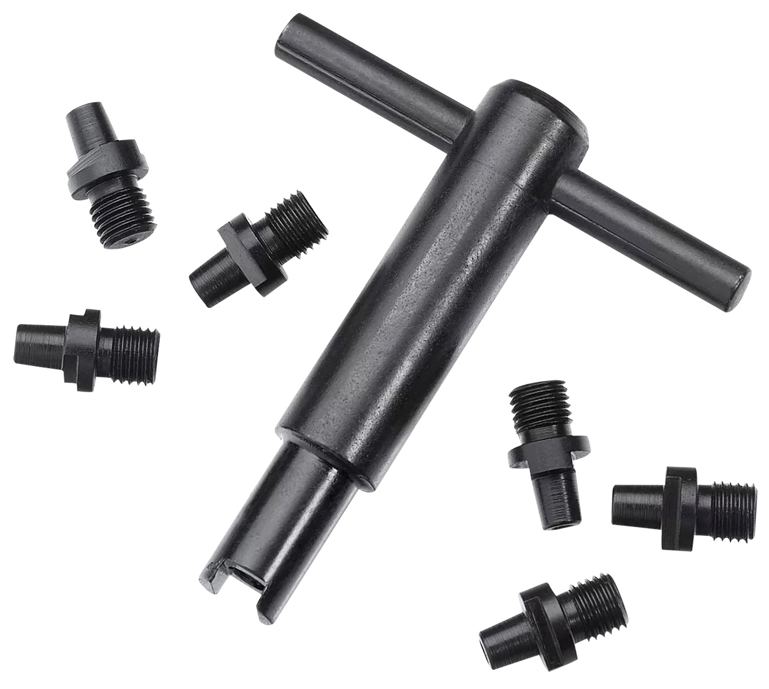Black T-handle tool with threaded metal adapters
