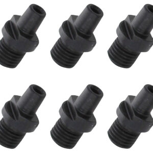 Six black threaded metal fittings on white background