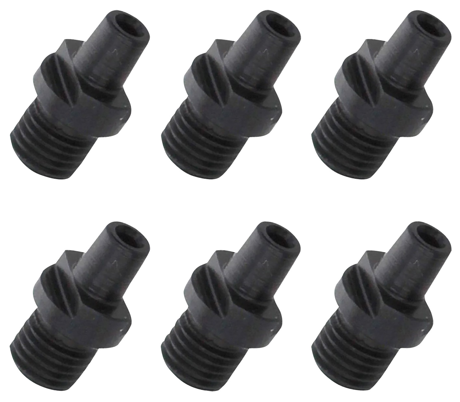 Six black threaded metal fittings on white background