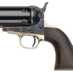 Antique revolver with wooden grip on white background