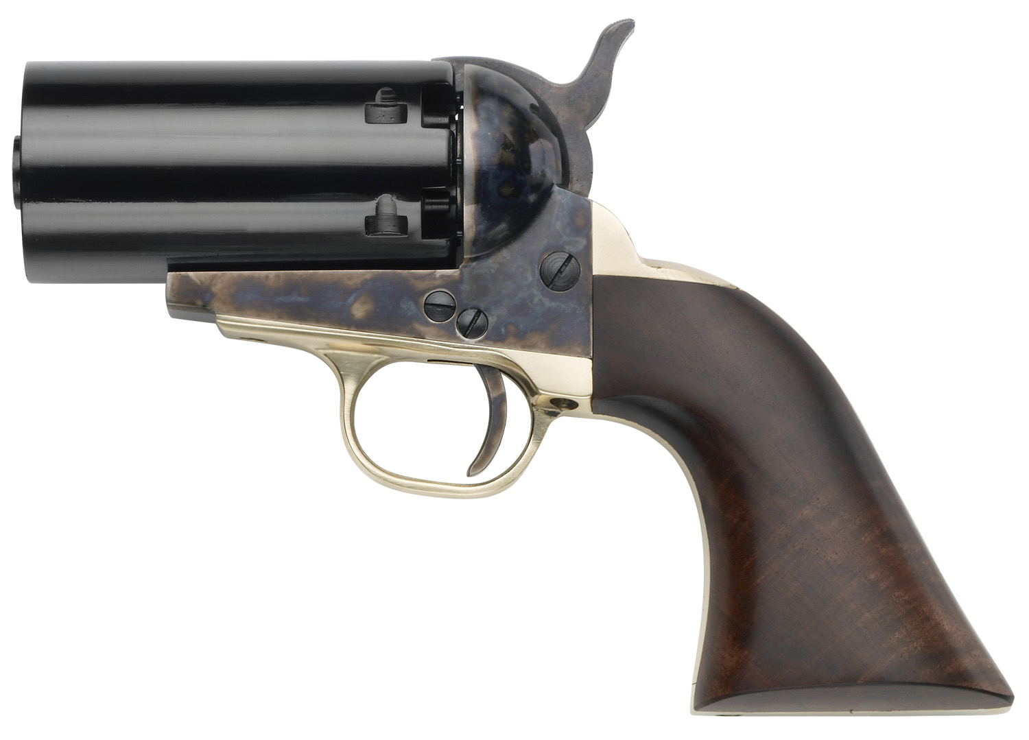 Antique revolver with wooden grip on white background