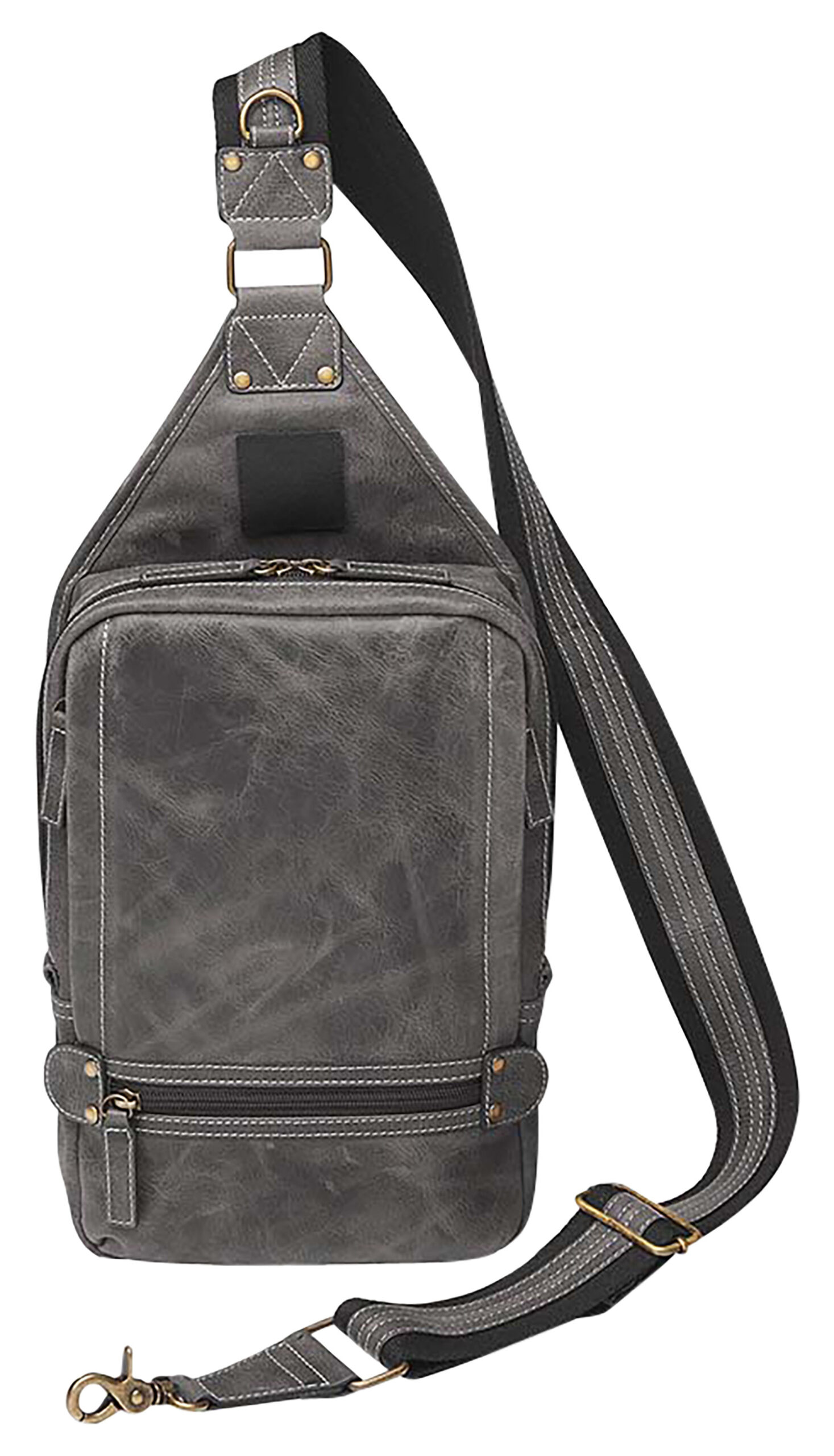 Gray leather sling backpack with adjustable strap