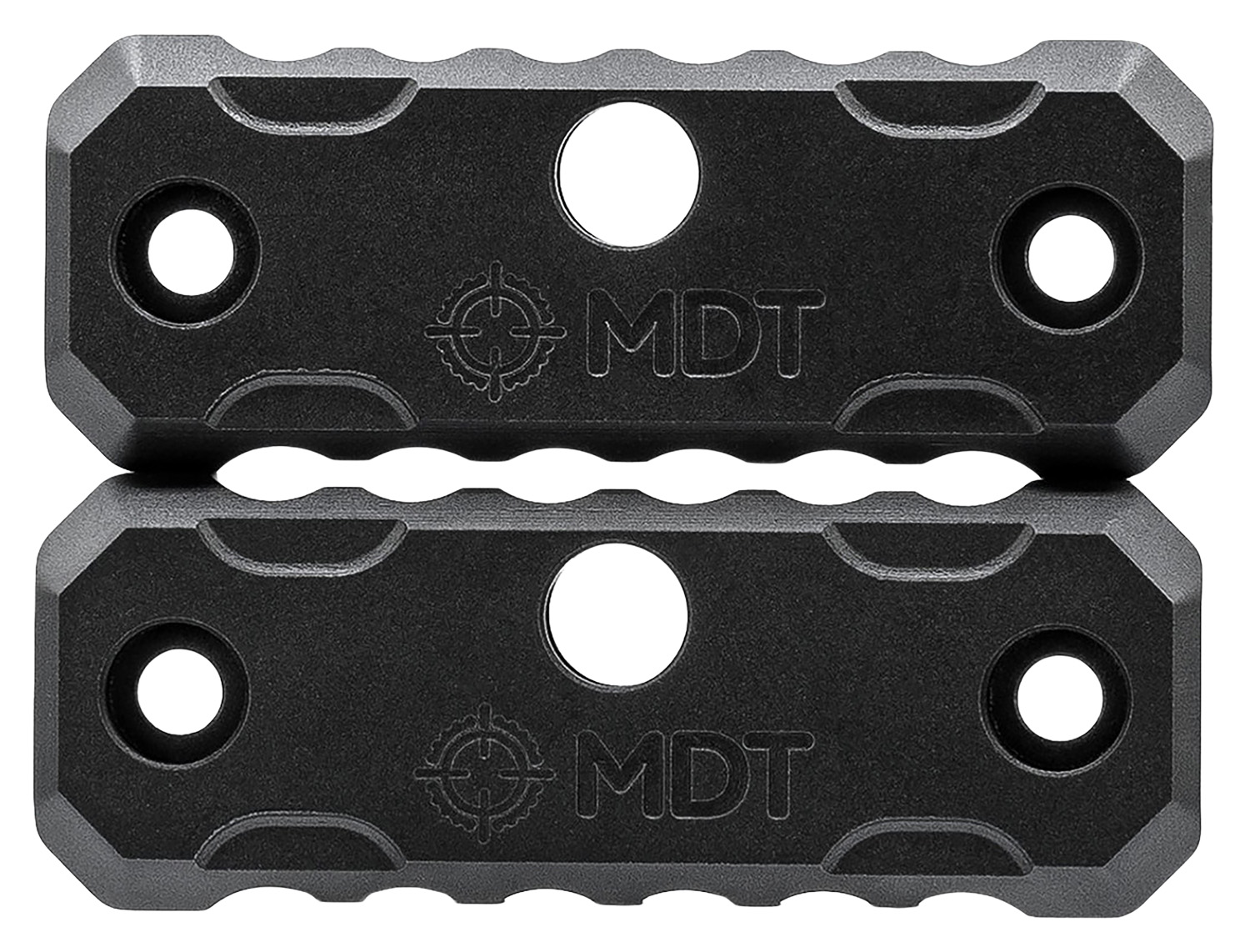 Two black MDT metal mounting plates