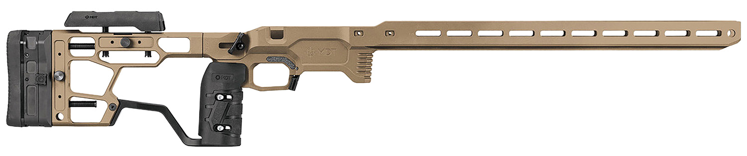 Tan precision rifle chassis with adjustable stock