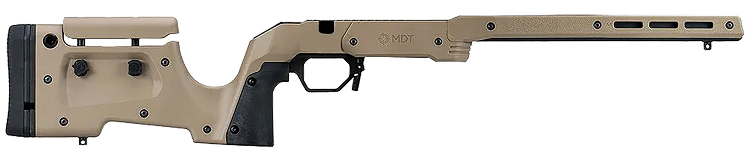 Tan precision rifle chassis stock on white background