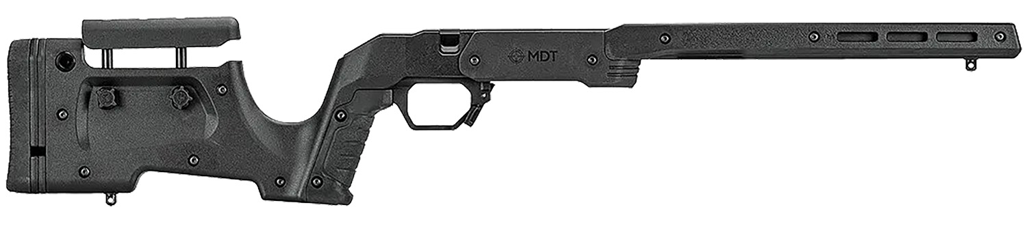 Black adjustable rifle stock chassis side view