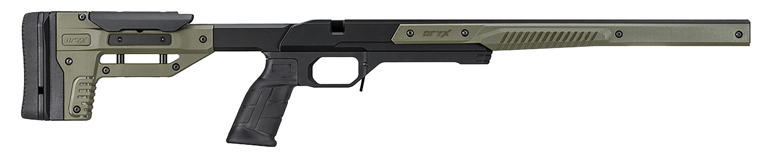 Modern precision rifle with olive green chassis