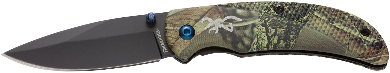 Camouflage folding pocket knife with black blade