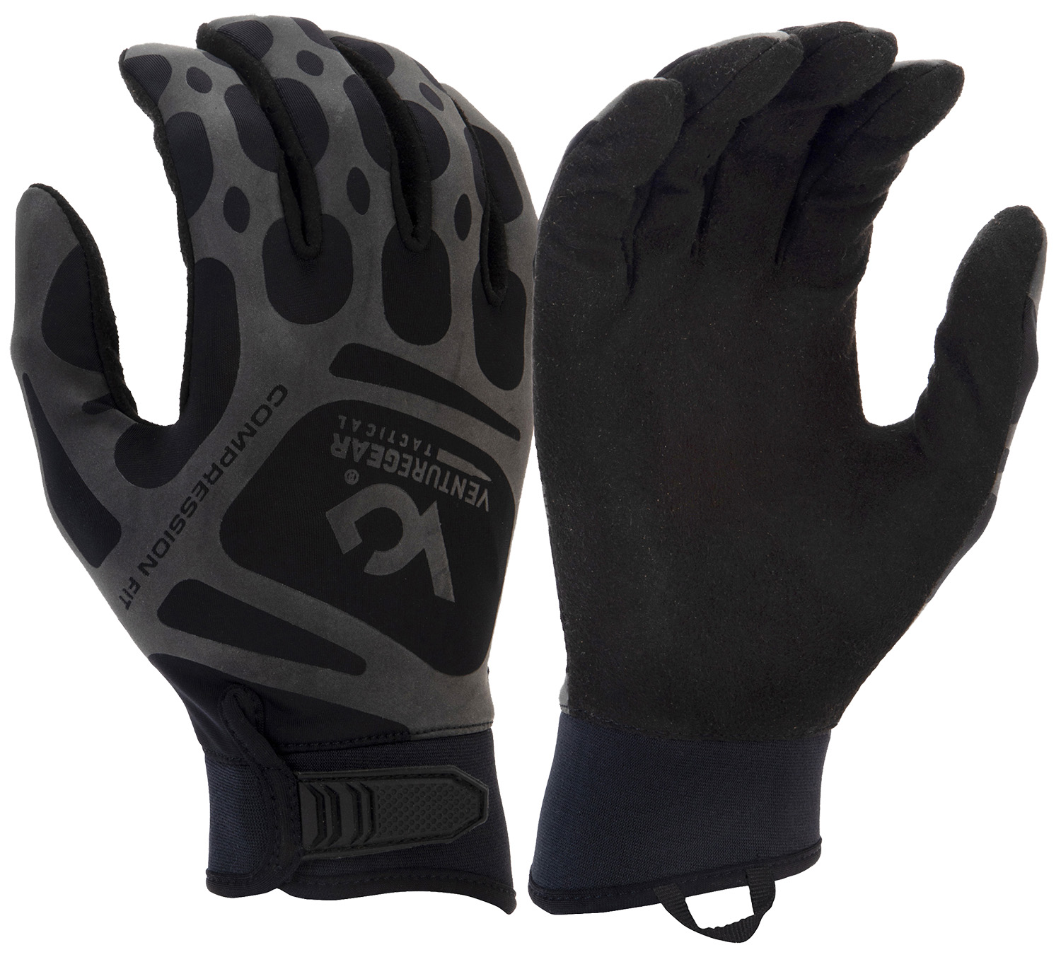 Black tactical compression fit gloves, front and back