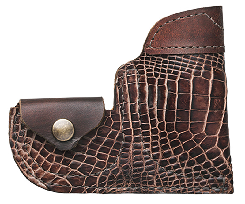 Brown crocodile-pattern leather gun holster with snap pocket