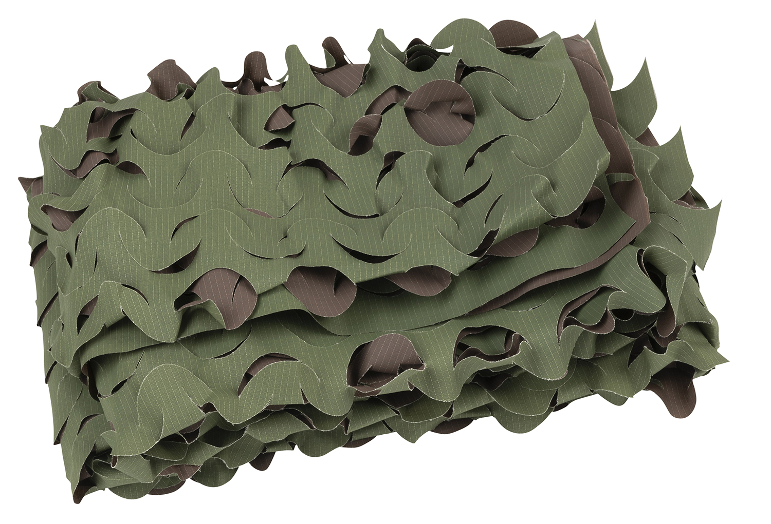 Rolled green camouflage netting with leaf cutouts