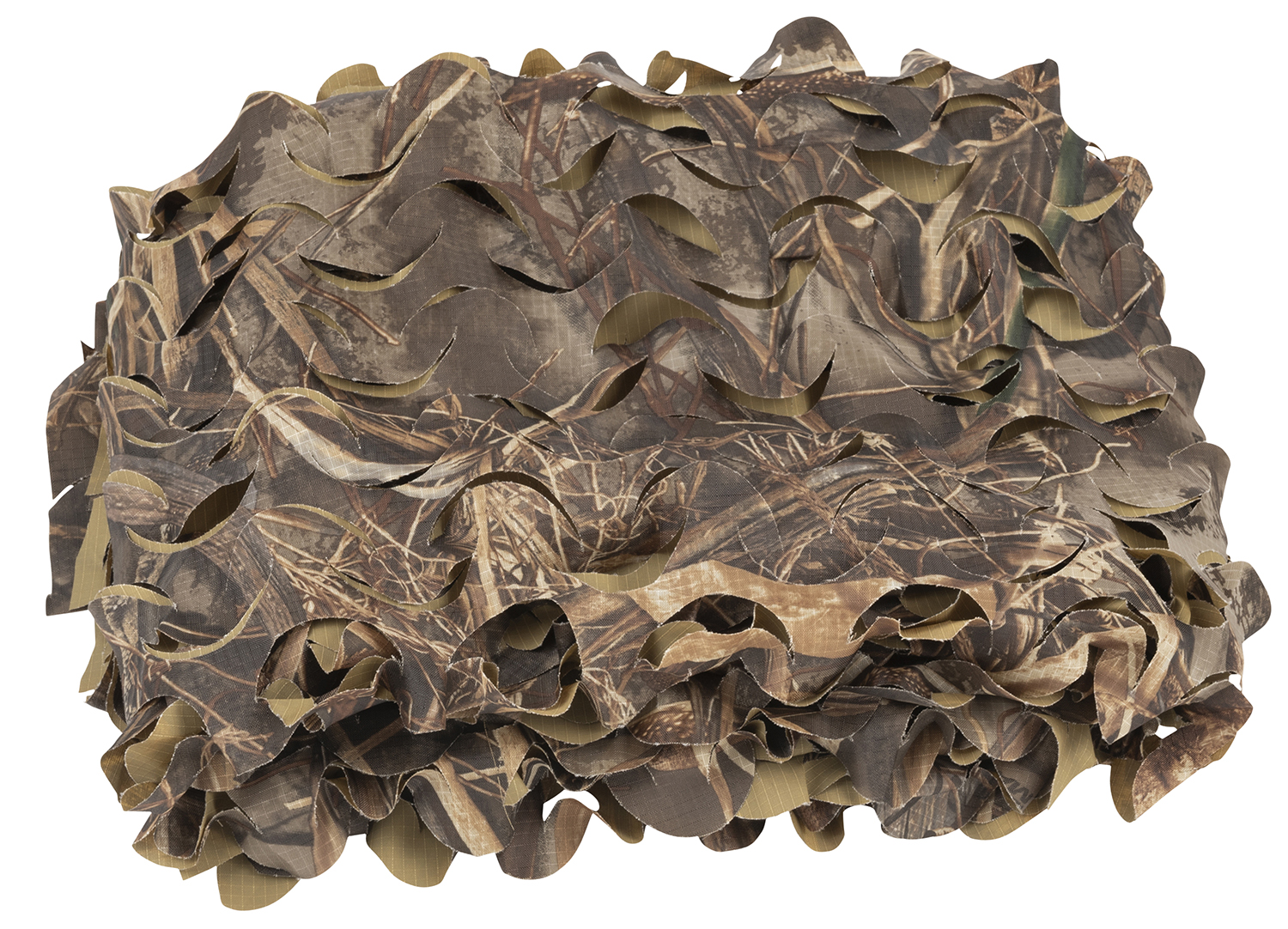 Folded woodland camouflage netting with leaf cutouts