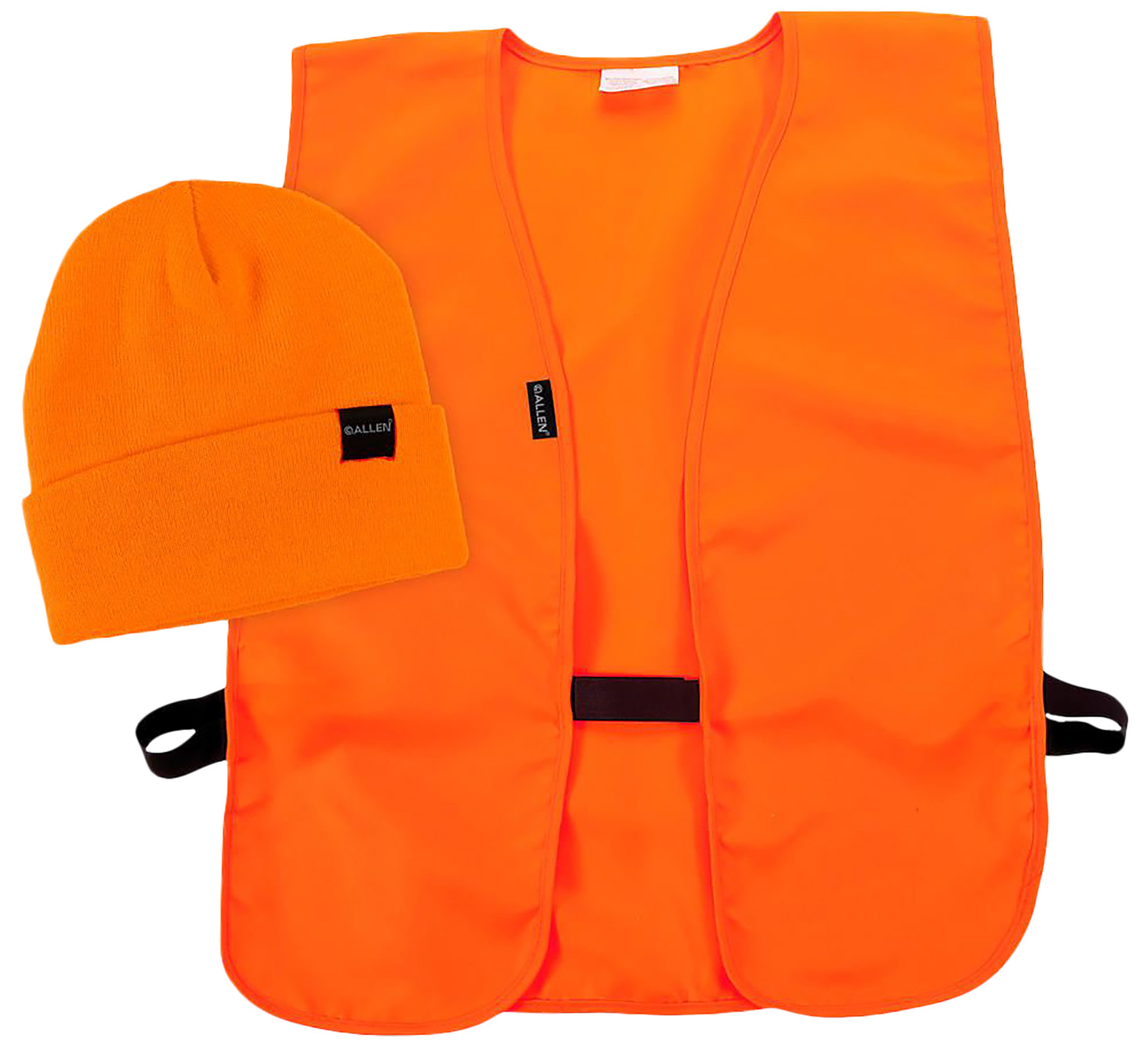 Bright orange safety vest and matching beanie