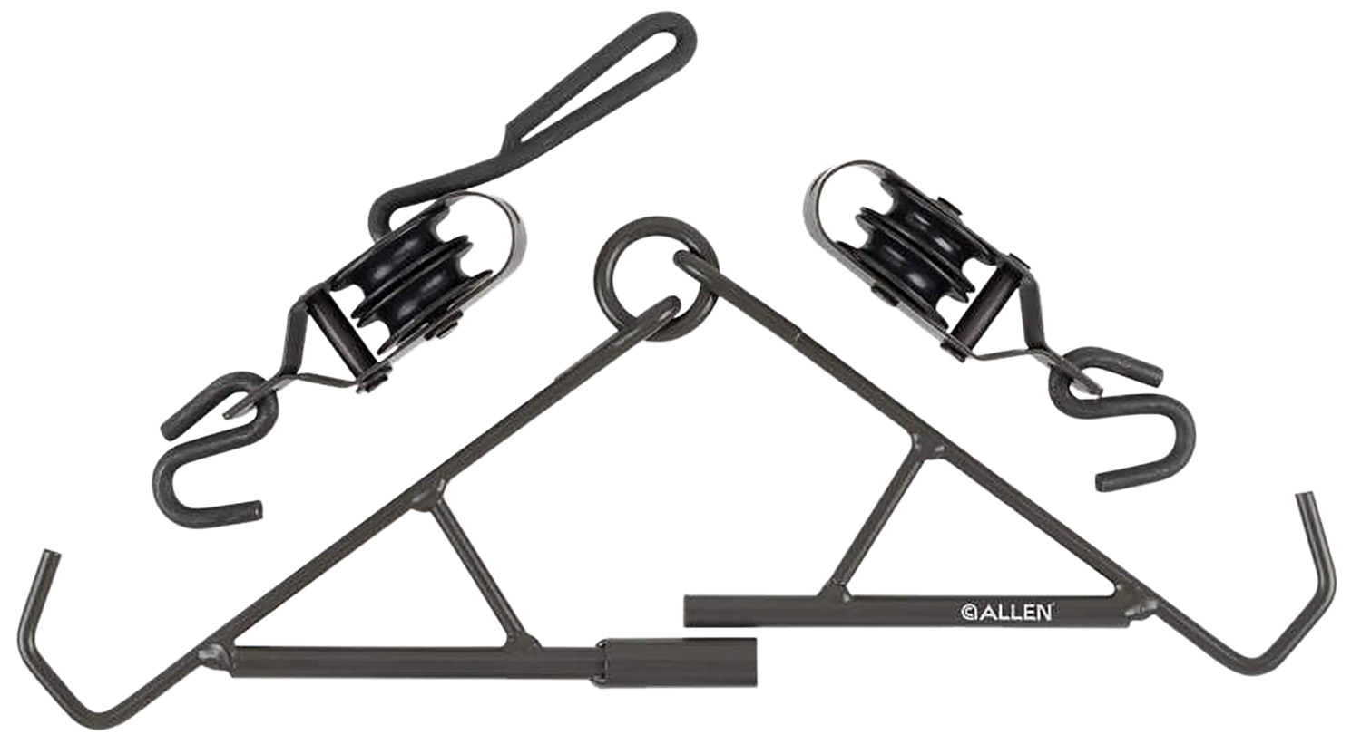 Metal gambrel hoist with pulleys and hooks