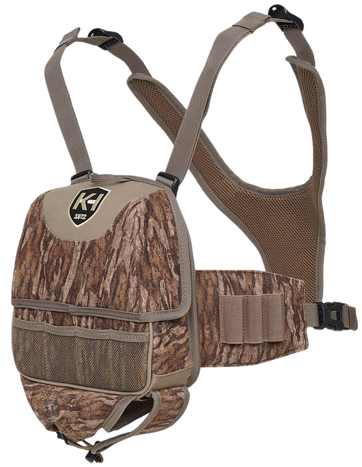 Camouflage hunting chest pack with shoulder harness