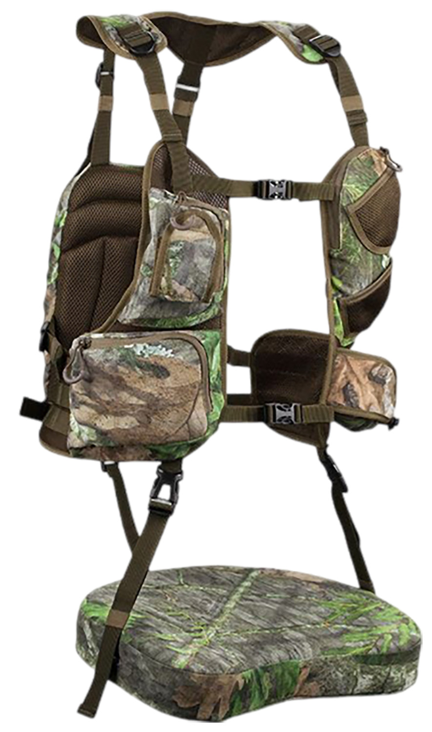 Camouflage hunting vest with multiple pockets and seat cushion
