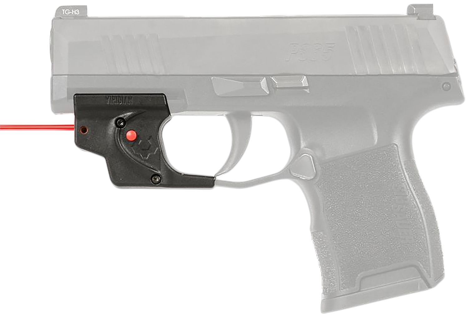 Handgun with trigger-mounted red laser sight attachment