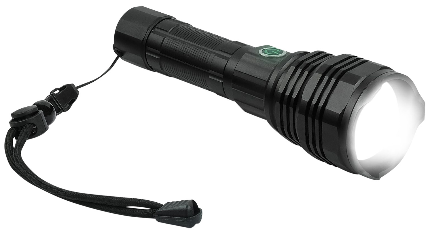 Black handheld flashlight with wrist strap illuminated