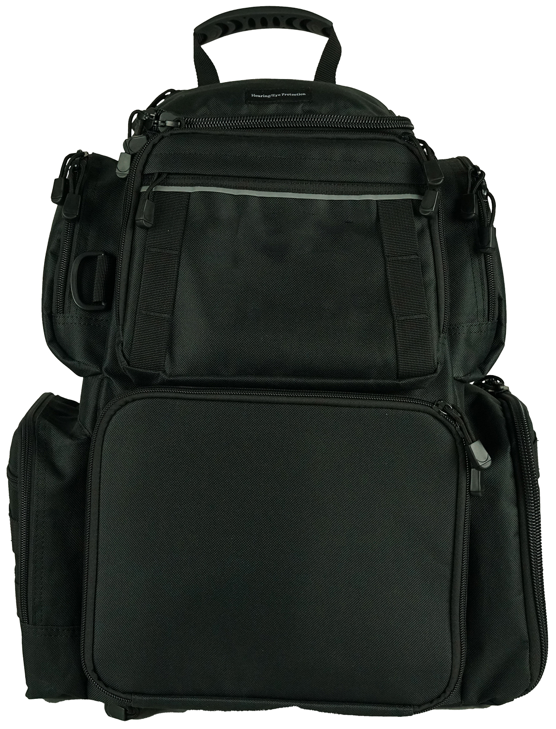 Black tactical backpack with multiple zippered compartments