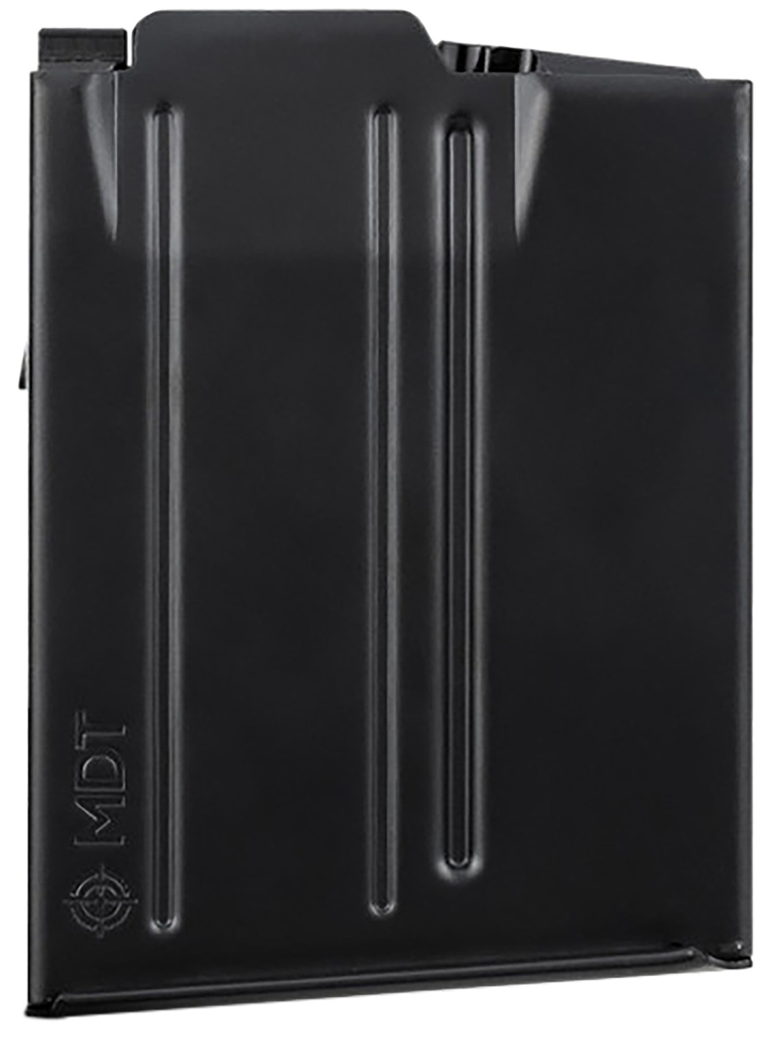 Black metal rifle magazine with MDT logo