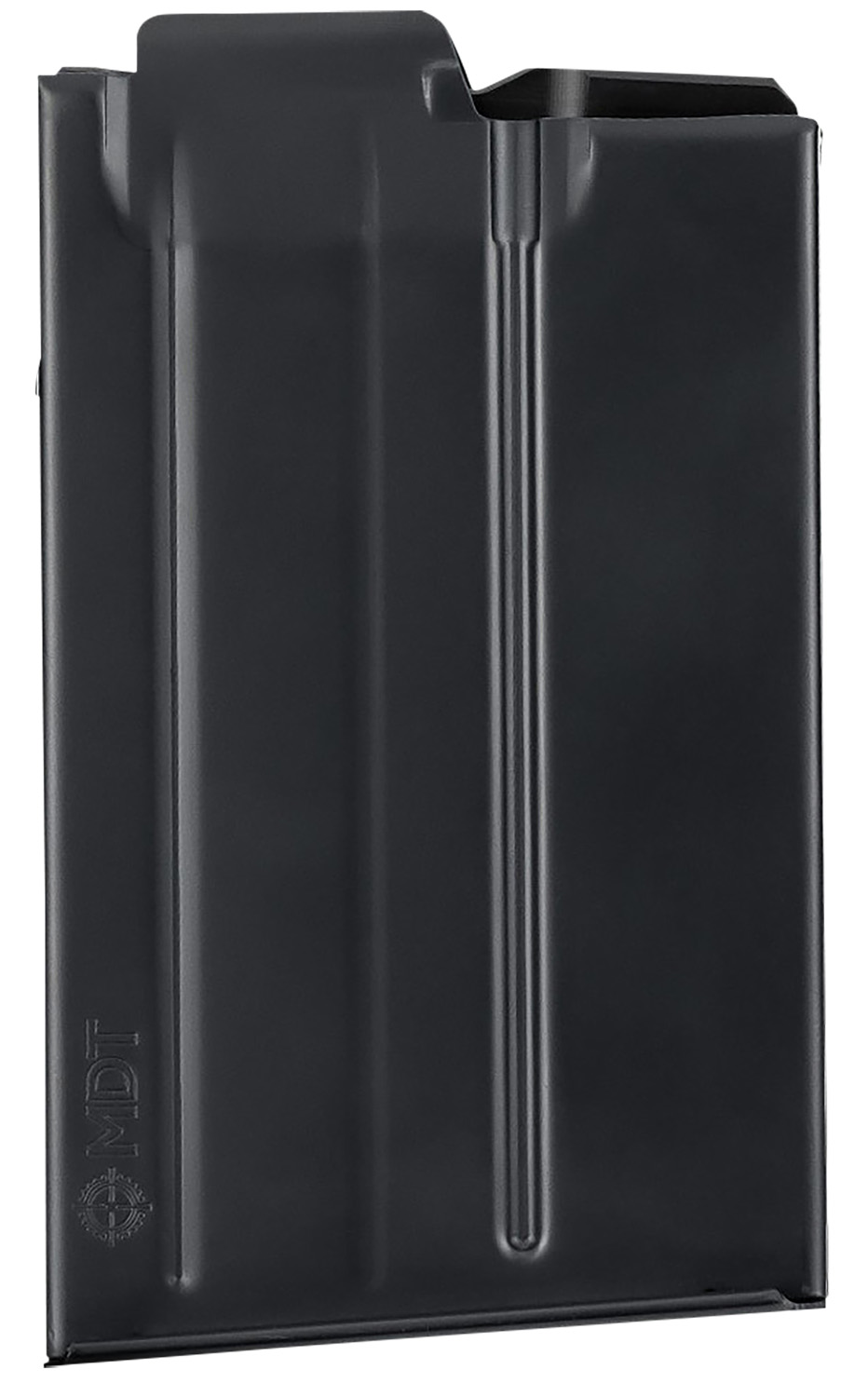 Black metal rifle magazine with MDT logo