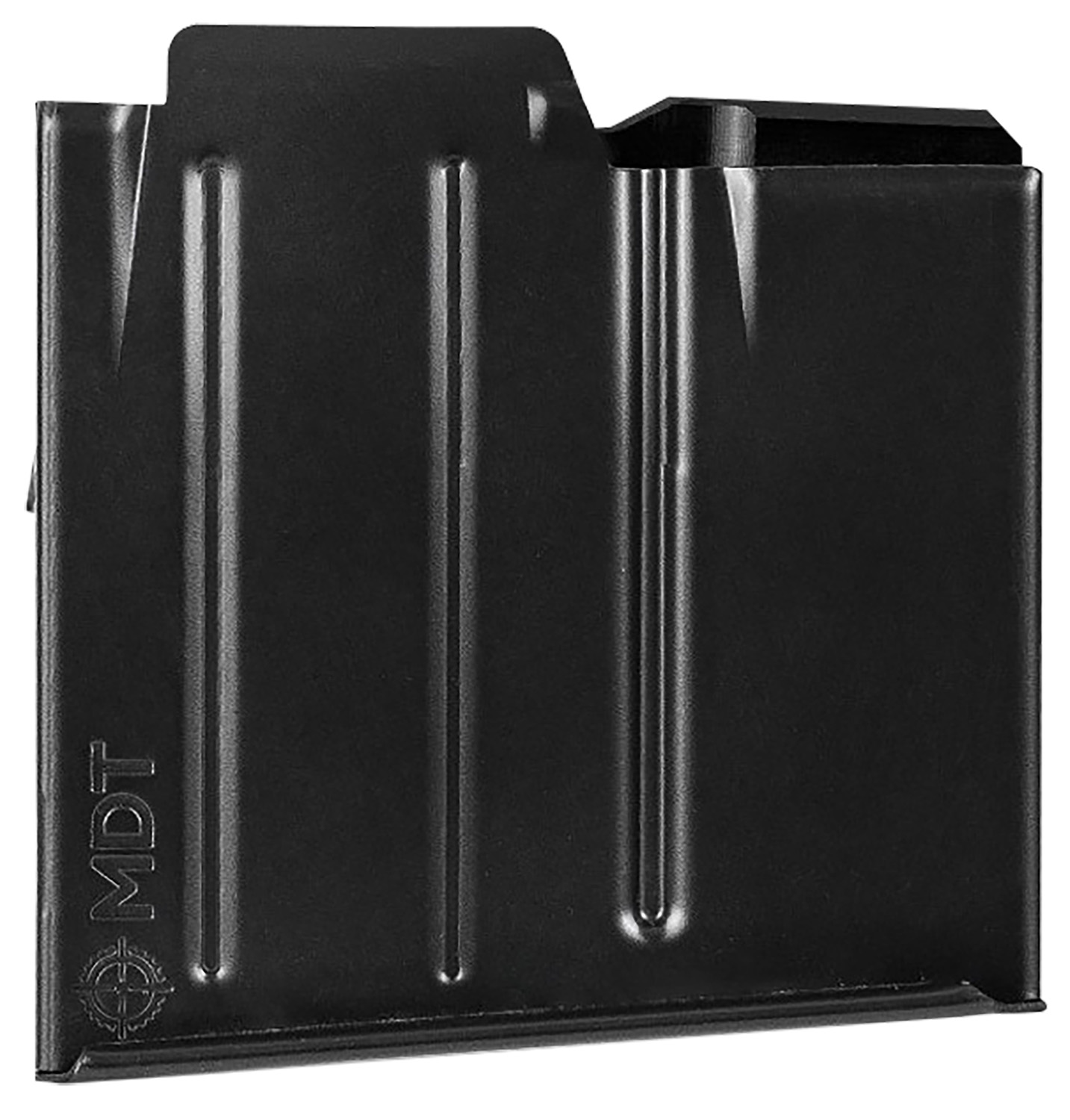 Black metal rifle magazine with MDT logo